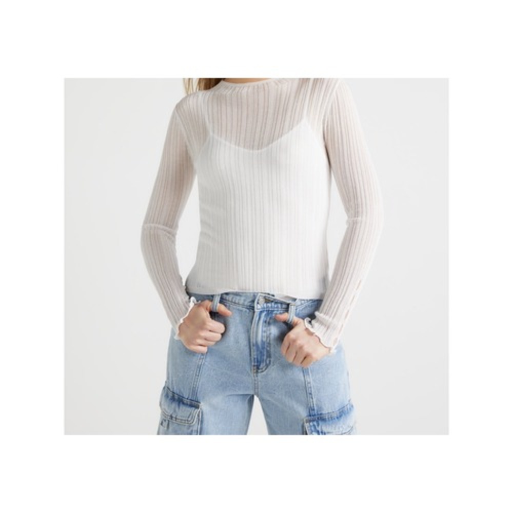 Scoop Womens Sweater Size M Bright White Sheer Pullover Long Sleeve Lightweight
